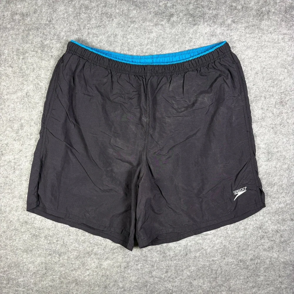 Vintage 90s Speedo Swim Trunks Black Neon Graphic Embroidered Logo Shorts Mens L